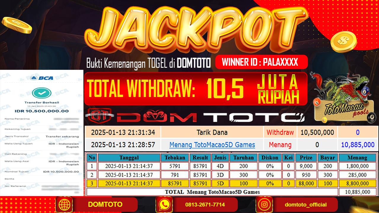 JACKPOT TOGEL TOTO MACAU 13 JANUARI 2025